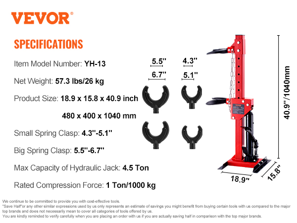 VEVOR hydraulic spring compressor specifications with product dimensions and load capacity details.