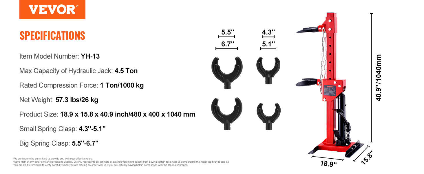 VEVOR hydraulic spring compressor specifications with product dimensions and load capacity details.
