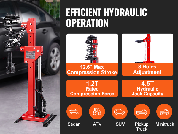 VEVOR hydraulic jack for efficient operation with 12.6" compression stroke, 4.5t capacity.