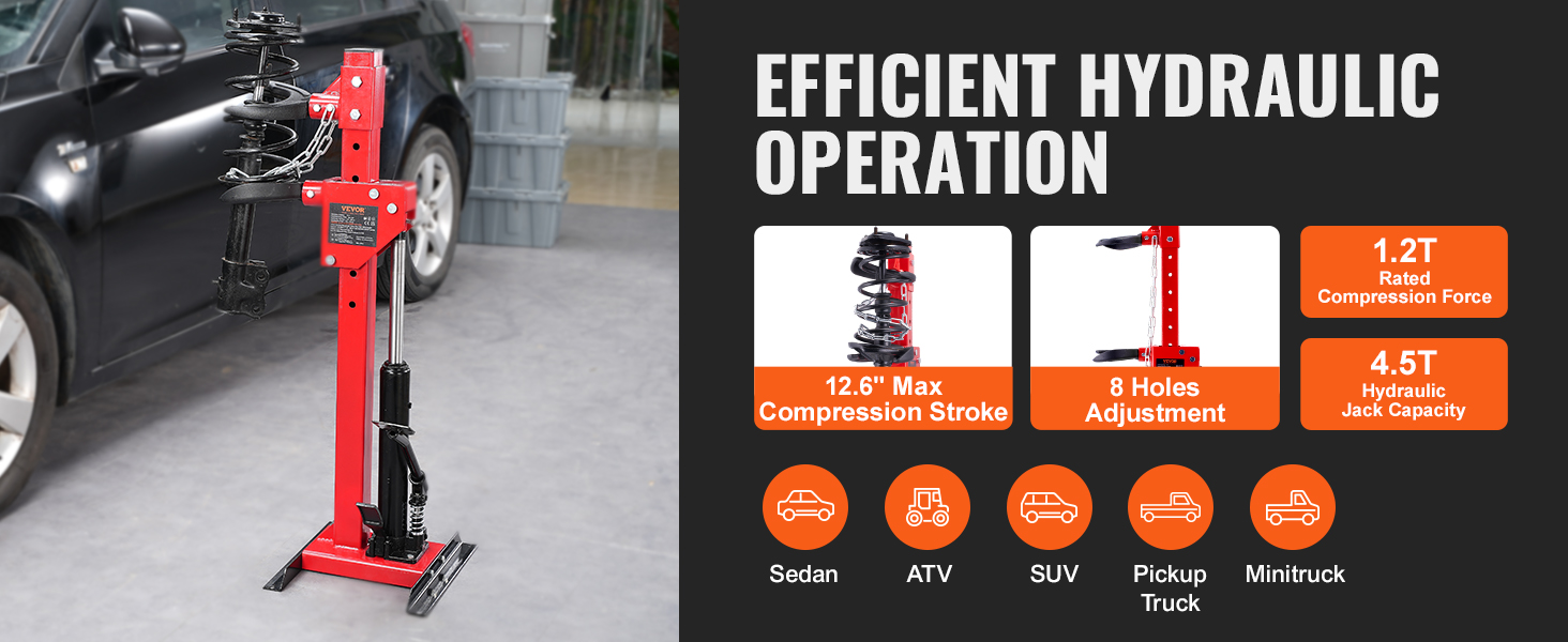VEVOR hydraulic jack for efficient operation with 12.6" compression stroke, 4.5t capacity.