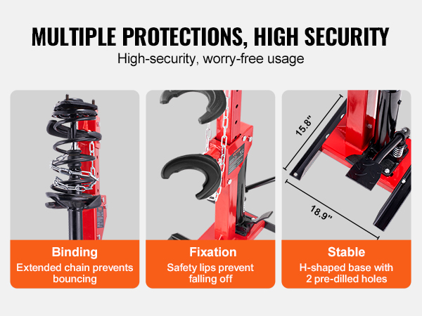 VEVOR hydraulic spring compressor with safety chain, fixation lips, and stable h-shaped base.