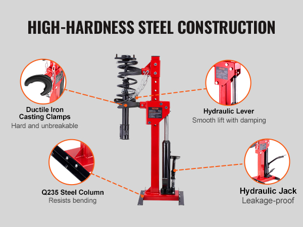 high-hardness steel construction, ductile iron clamps, q235 steel column, and hydraulic spring compressor.