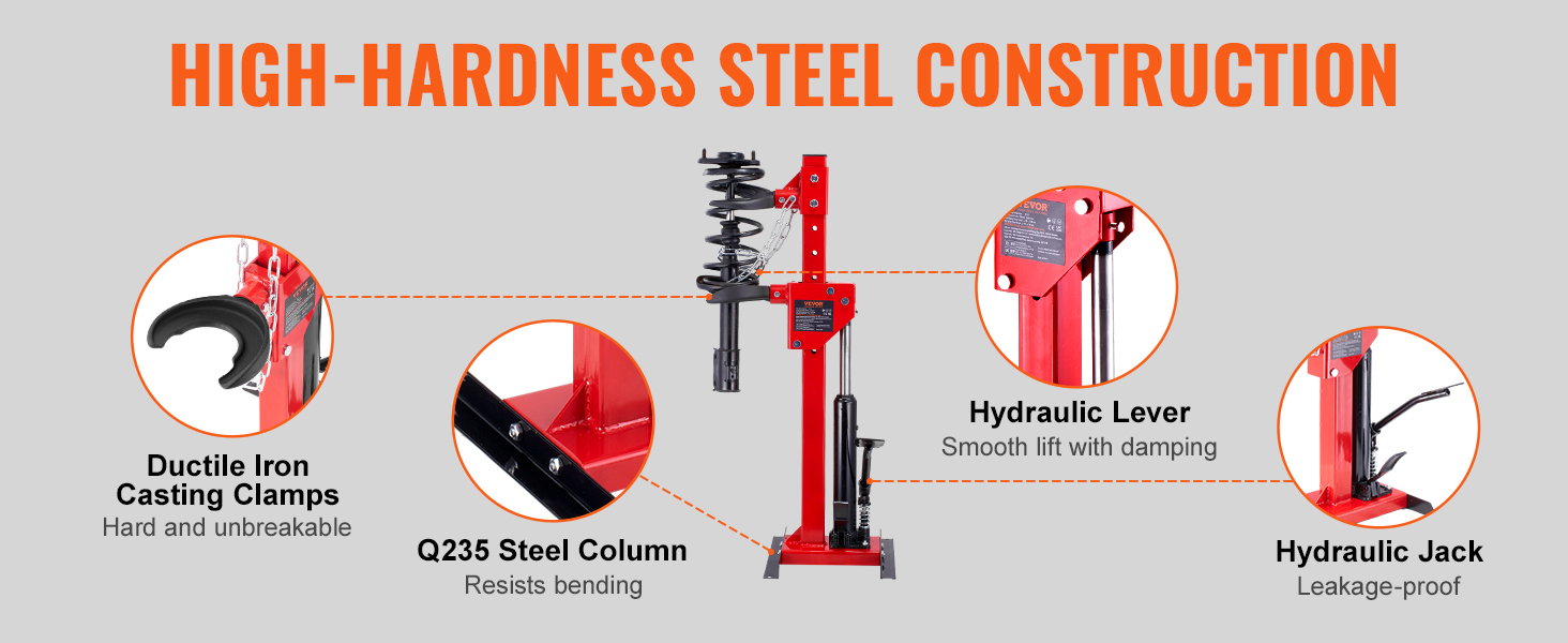 high-hardness steel construction, ductile iron clamps, q235 steel column, and hydraulic spring compressor.