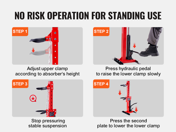 instructions on using the VEVOR hydraulic spring compressor for standing use in four steps.