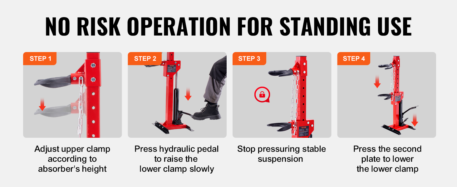 instructions on using the VEVOR hydraulic spring compressor for standing use in four steps.