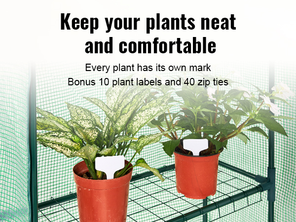 plants in labeled pots on shelves in a spacious VEVOR walk-in greenhouse, with text promoting plant care accessories.