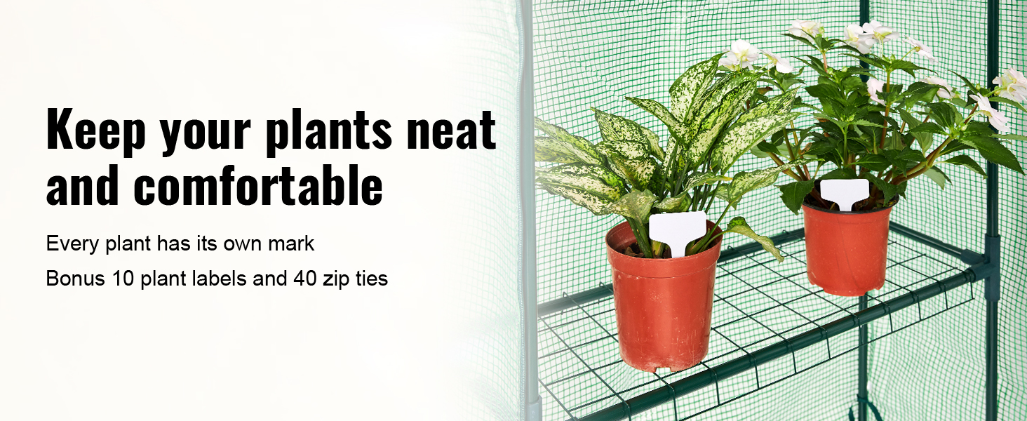 plants in labeled pots on shelves in a spacious VEVOR walk-in greenhouse, with text promoting plant care accessories.