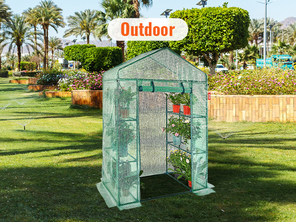 VEVOR walk-in greenhouse outside on a neatly manicured lawn with plants and palm trees in the background.