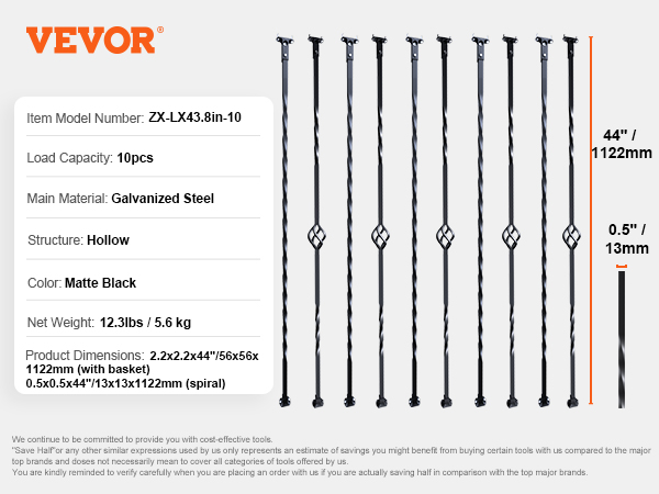 VEVOR staircase metal balusters, matte black, galvanized steel, hollow, 44", load capacity 10pcs.