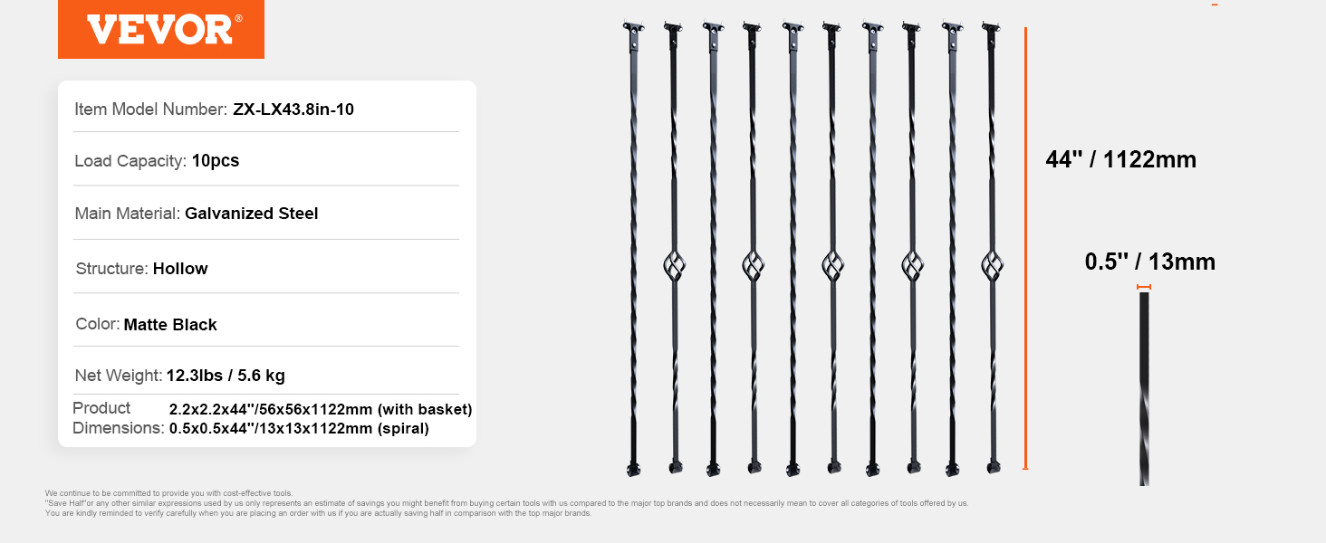 VEVOR staircase metal balusters, matte black, galvanized steel, hollow, 44", load capacity 10pcs.