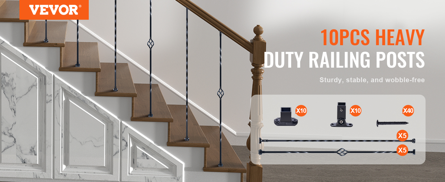 VEVOR staircase metal balusters for heavy-duty railing, sturdy and stable with 10 balusters and mounting kit.