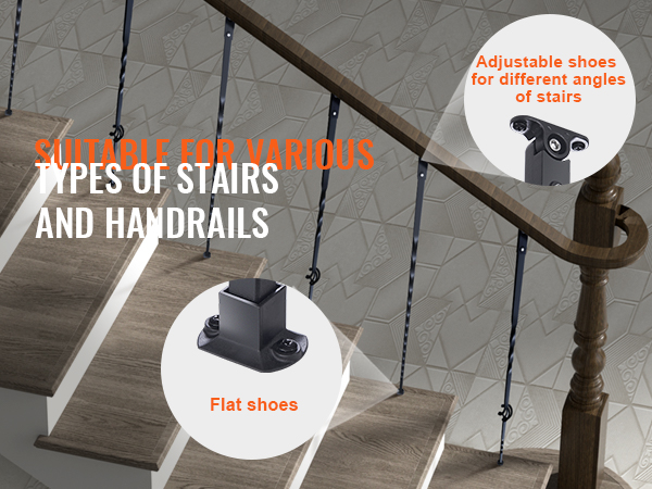 VEVOR staircase metal balusters with flat and adjustable shoes for various stair angles and handrails.