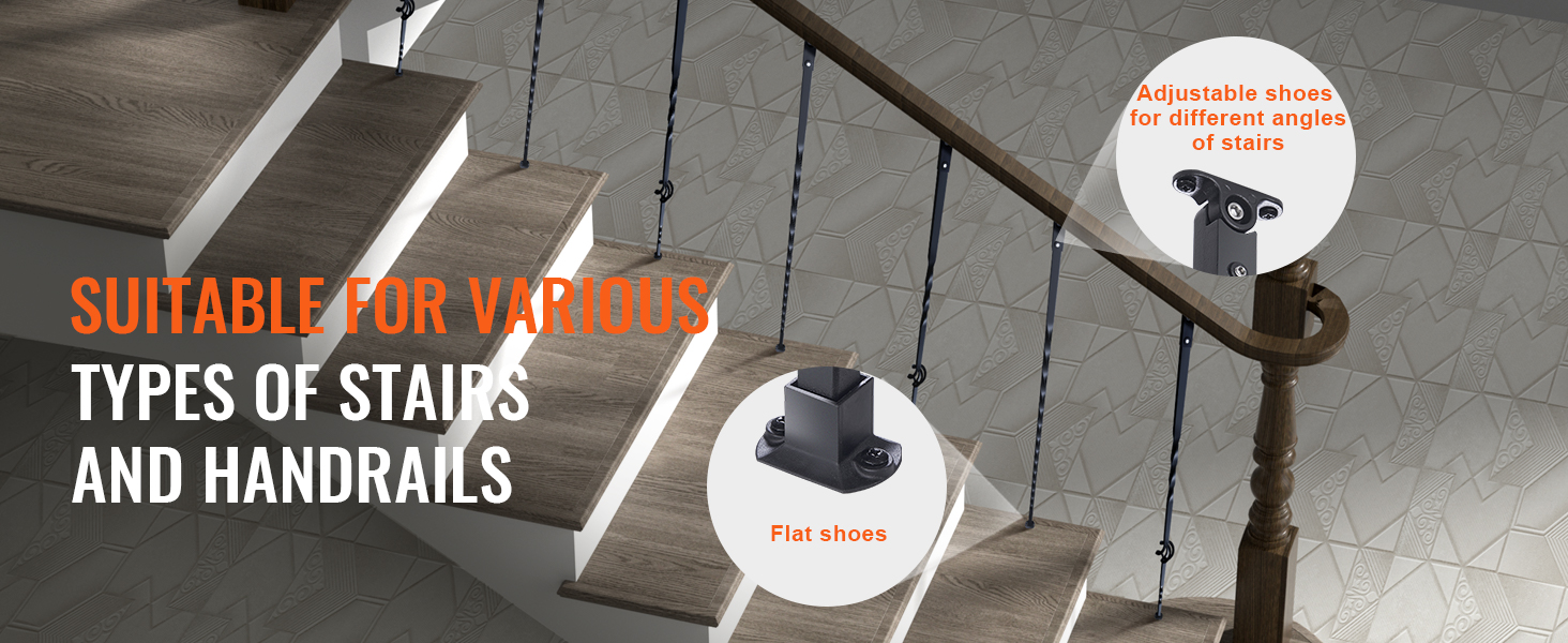 VEVOR staircase metal balusters with flat and adjustable shoes for various stair angles and handrails.