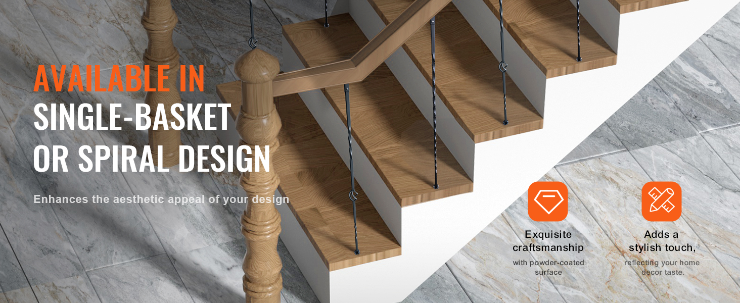 VEVOR staircase metal balusters in single-basket or spiral design, enhancing aesthetic appeal.
