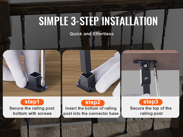 simple 3-step installation of VEVOR staircase metal balusters; secure bottom, insert post, secure top.