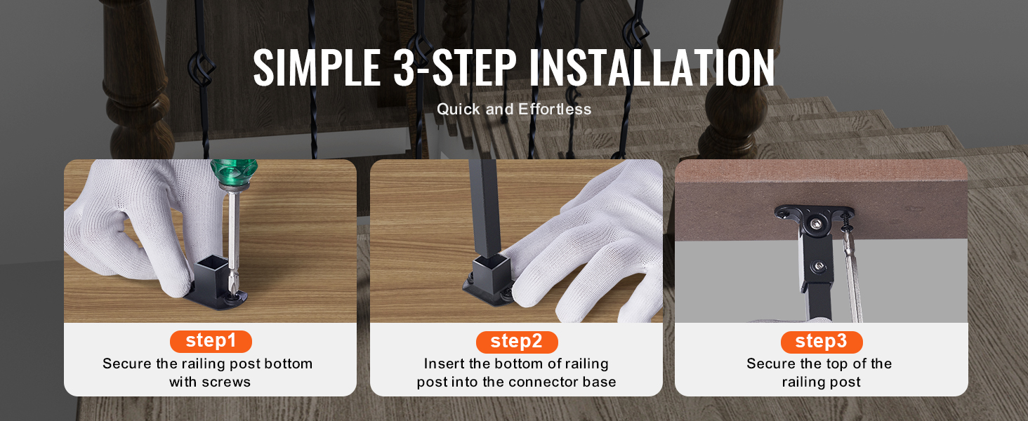 simple 3-step installation of VEVOR staircase metal balusters; secure bottom, insert post, secure top.