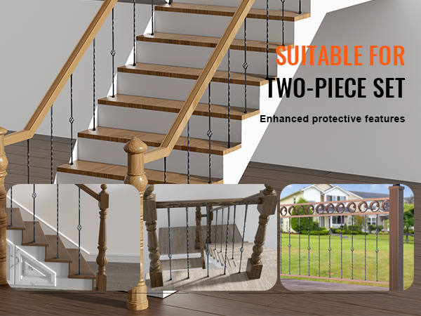 VEVOR staircase metal balusters with wood railing, suitable for two-piece set, enhanced protective features.