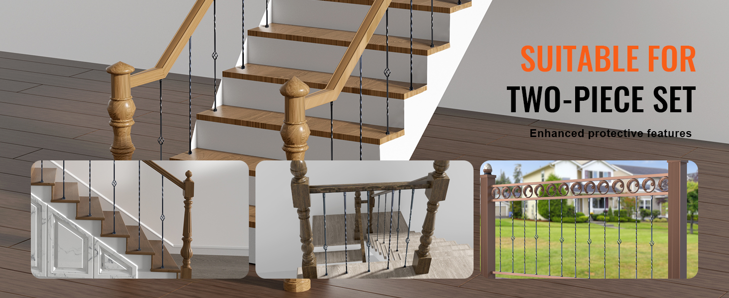 VEVOR staircase metal balusters with wood railing, suitable for two-piece set, enhanced protective features.