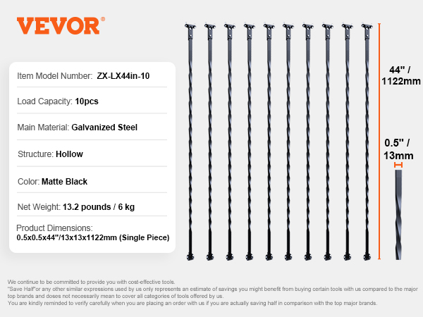 VEVOR metal balusters, matte black, galvanized steel, 44 inches tall, 0.5-inch width, pack of 10.