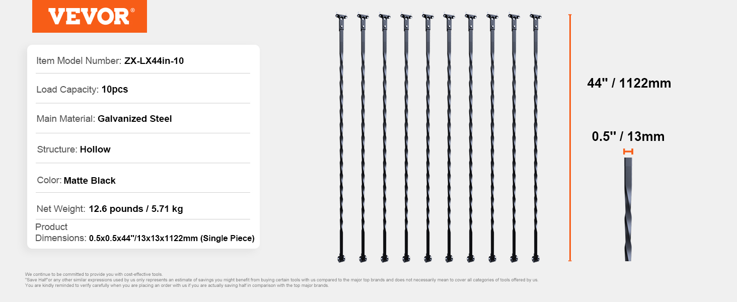 VEVOR metal balusters, matte black, galvanized steel, 44 inches tall, 0.5-inch width, pack of 10.