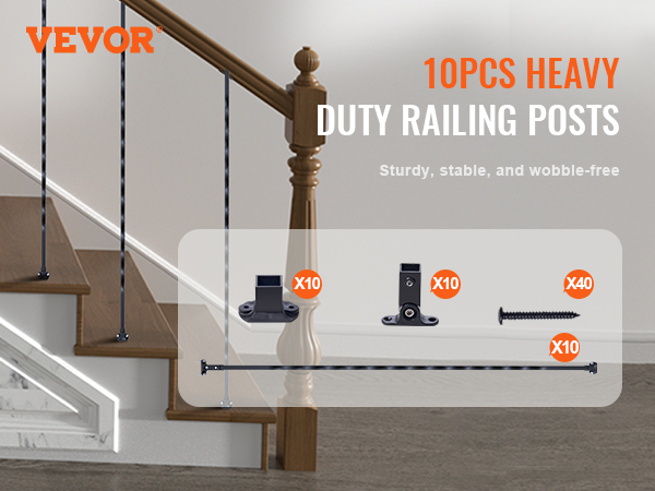 VEVOR metal balusters on wooden stairs, 10pcs heavy duty railing posts, sturdy and wobble-free.