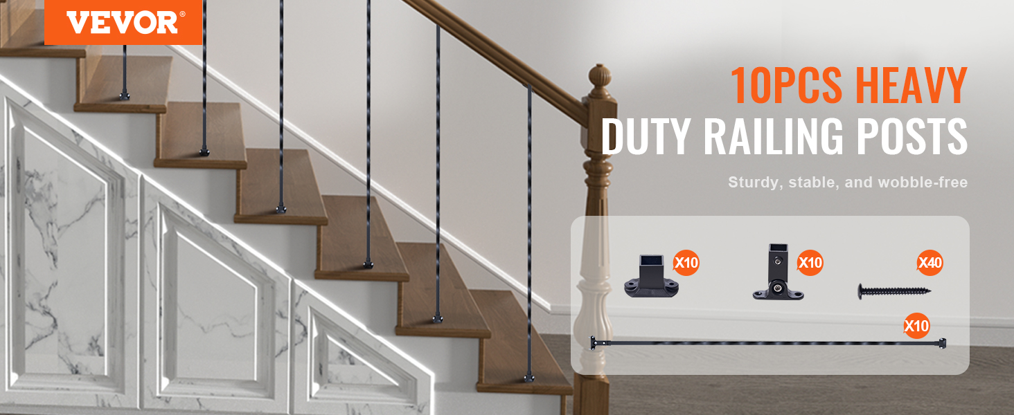 VEVOR metal balusters on wooden stairs, 10pcs heavy duty railing posts, sturdy and wobble-free.