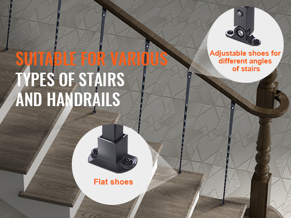 VEVOR metal balusters for stairs with adjustable and flat shoes for various angles and handrails.