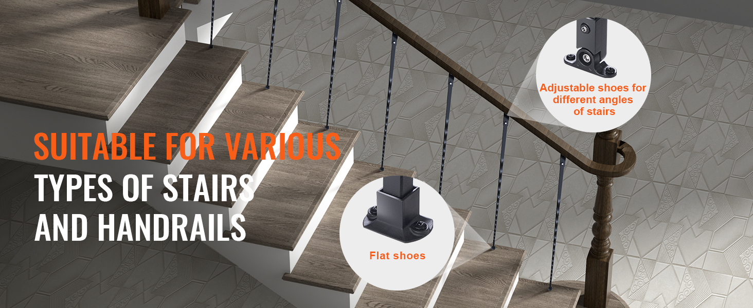 VEVOR metal balusters for stairs with adjustable and flat shoes for various angles and handrails.