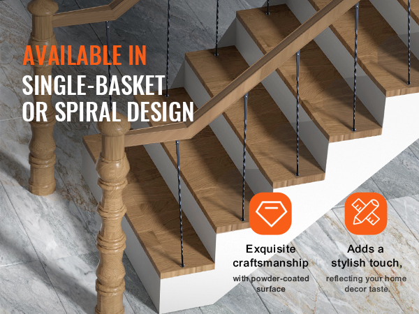 wooden staircase with VEVOR metal balusters featuring single-basket and spiral designs.
