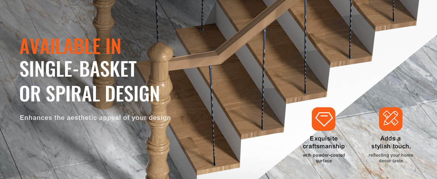 wooden staircase with VEVOR metal balusters featuring single-basket and spiral designs.