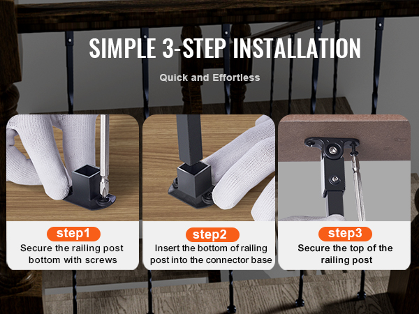 simple 3-step installation guide for VEVOR metal balusters; quick setup with screws and base connector.