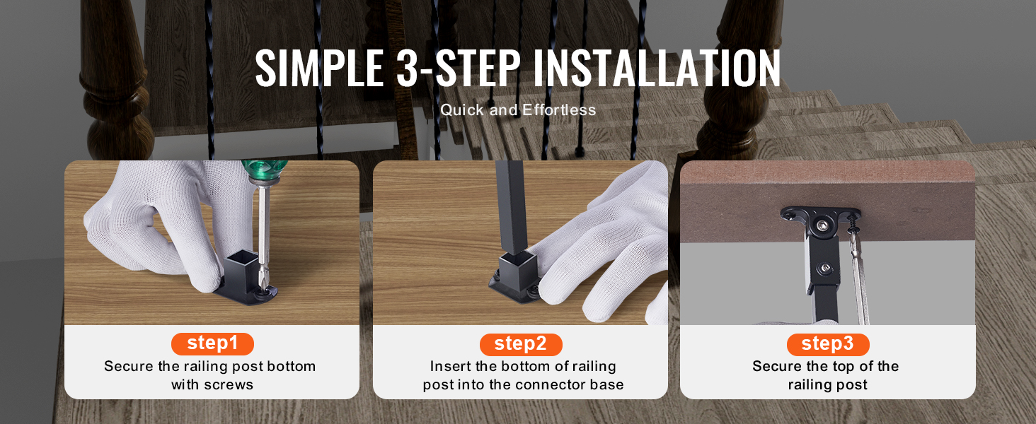 simple 3-step installation guide for VEVOR metal balusters; quick setup with screws and base connector.