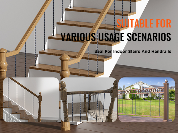 VEVOR metal balusters for indoor stairs, handrails, and outdoor fences showcasing varied applications.