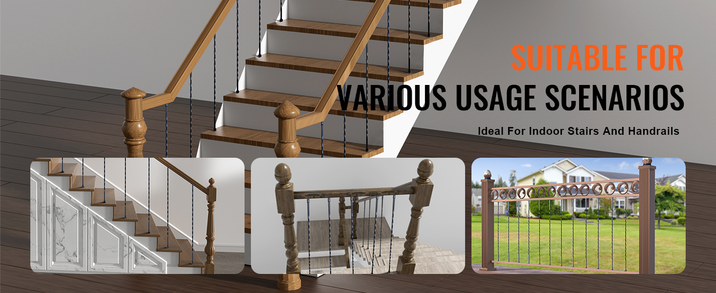 VEVOR metal balusters for indoor stairs, handrails, and outdoor fences showcasing varied applications.