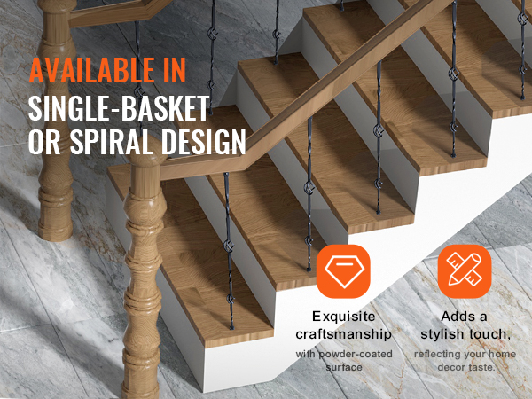 VEVOR staircase metal balusters available in single-basket or spiral design, enhancing aesthetic appeal.