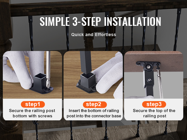 simple installation steps for VEVOR staircase metal balusters; secure bottom, insert post, secure top.