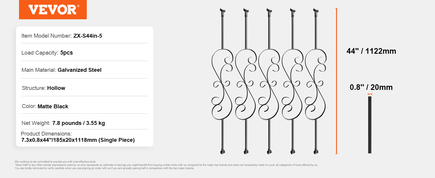 VEVOR staircase balusters, matte black galvanized steel, hollow structure, 44" height, pack of 5.