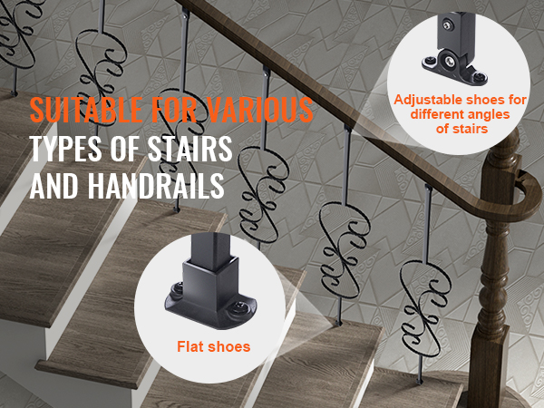 VEVOR staircase balusters demonstrating adjustable and flat shoes for various stairs and handrails.