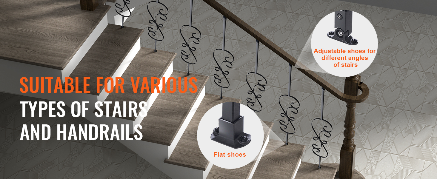 VEVOR staircase balusters demonstrating adjustable and flat shoes for various stairs and handrails.