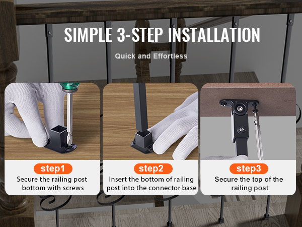 simple 3-step installation guide for VEVOR staircase balusters with labeled steps and clear visuals.