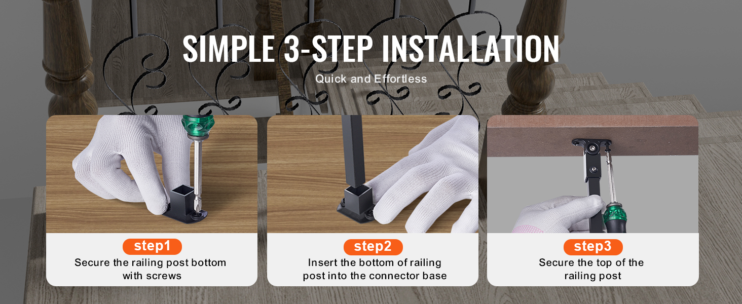 simple 3-step installation guide for VEVOR staircase balusters with labeled steps and clear visuals.