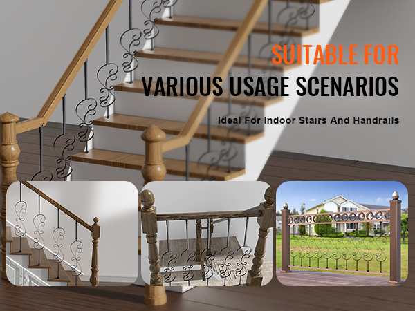 VEVOR staircase balusters showcased in various indoor and outdoor handrail settings.