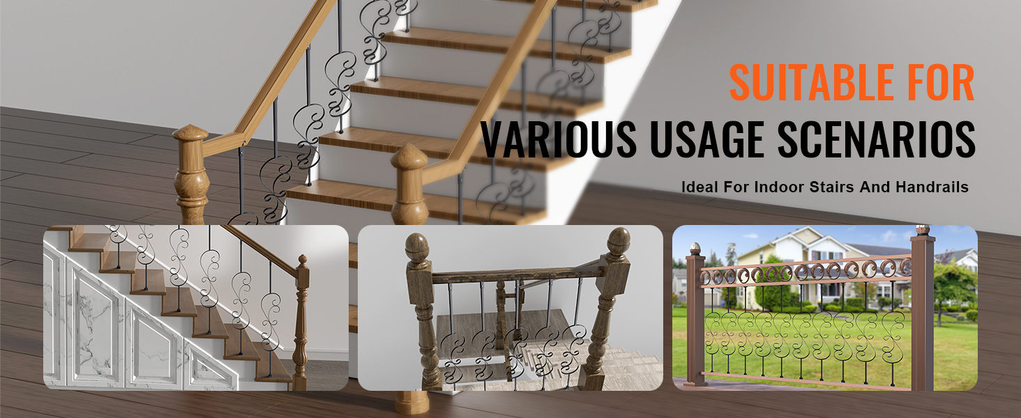 VEVOR staircase balusters showcased in various indoor and outdoor handrail settings.