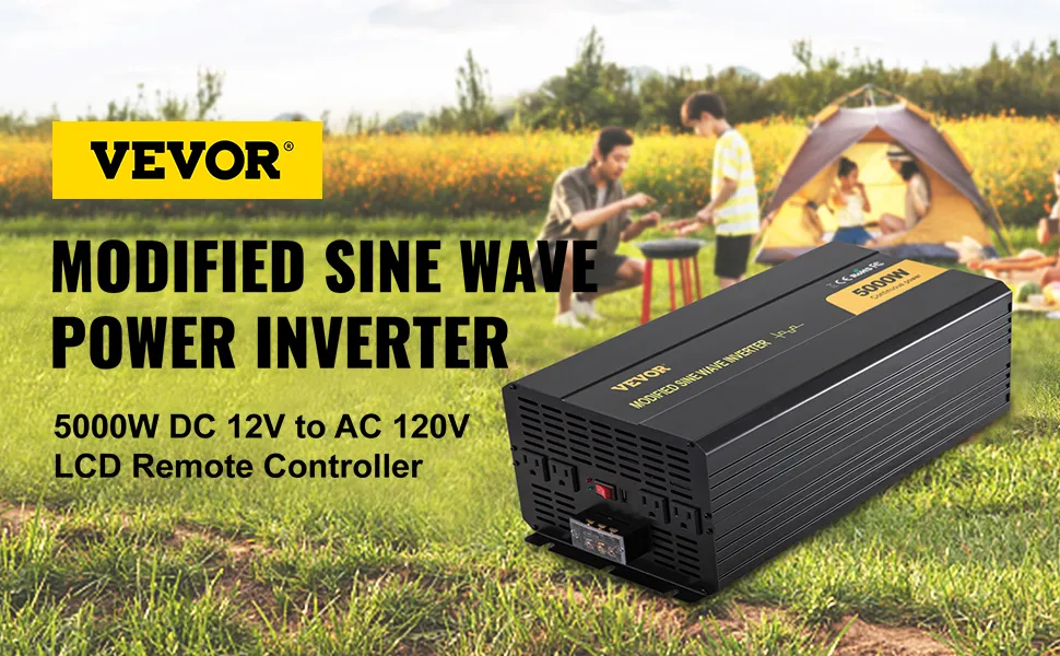 VEVOR power inverter for camping, 5000w dc 12v to ac 120v with lcd remote controller.