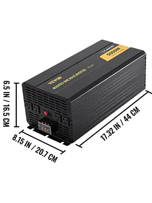 VEVOR power inverter 5000w with dimensions: 17.32x8.15x6.5 inches.