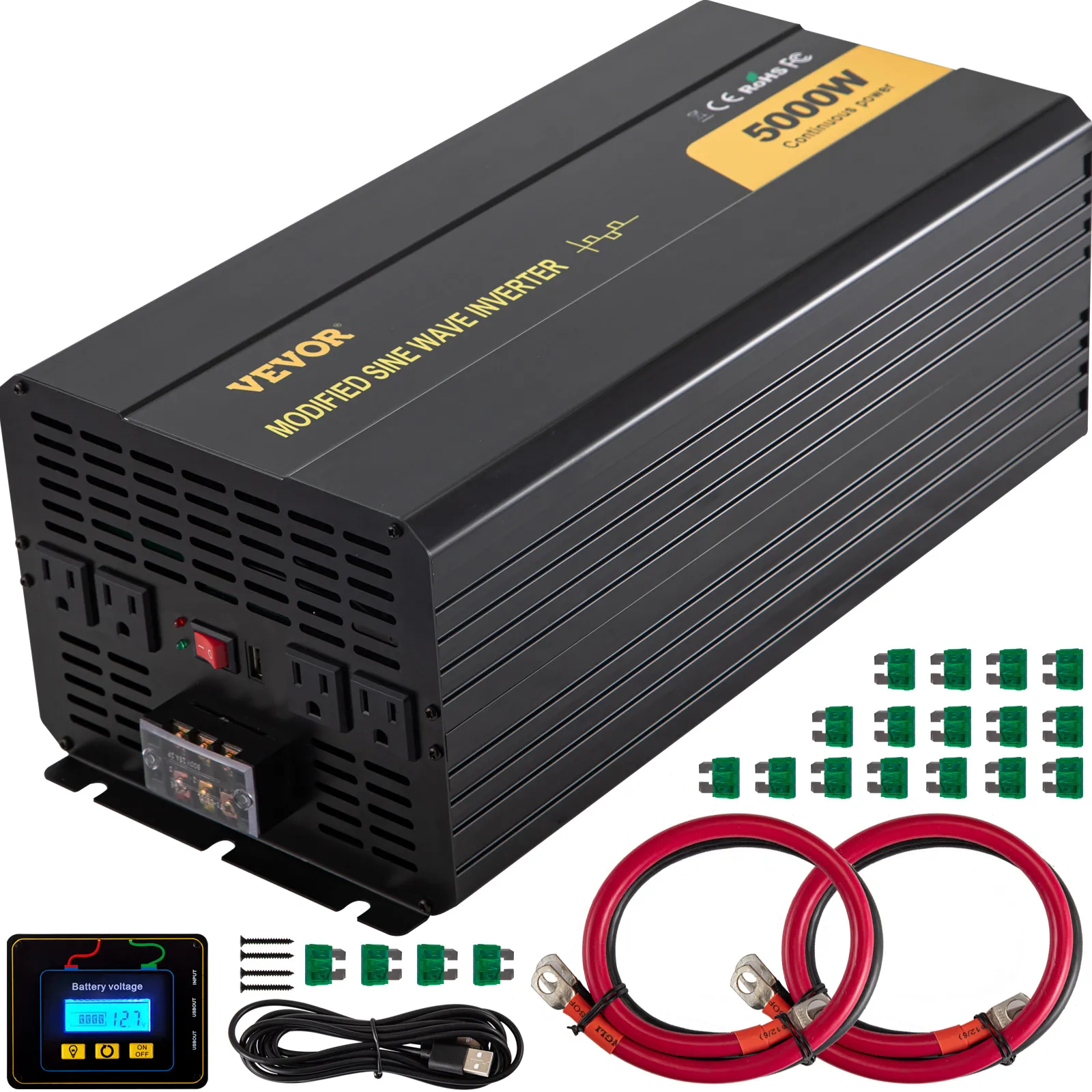 VEVOR power inverter 5000w with cables, connectors, and lcd display for battery voltage.