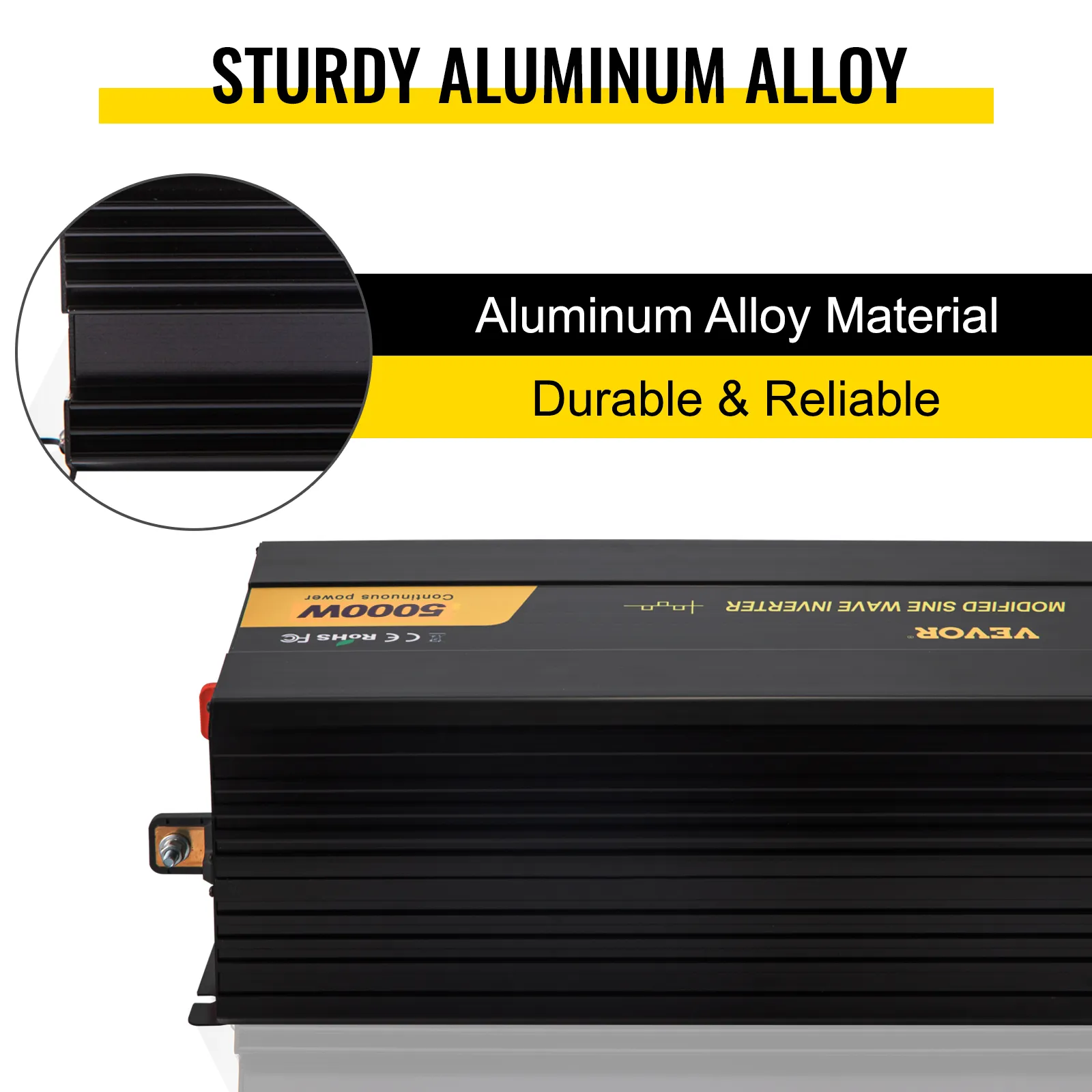 VEVOR power inverter: sturdy aluminum alloy, durable & reliable, 5000w continuous power.