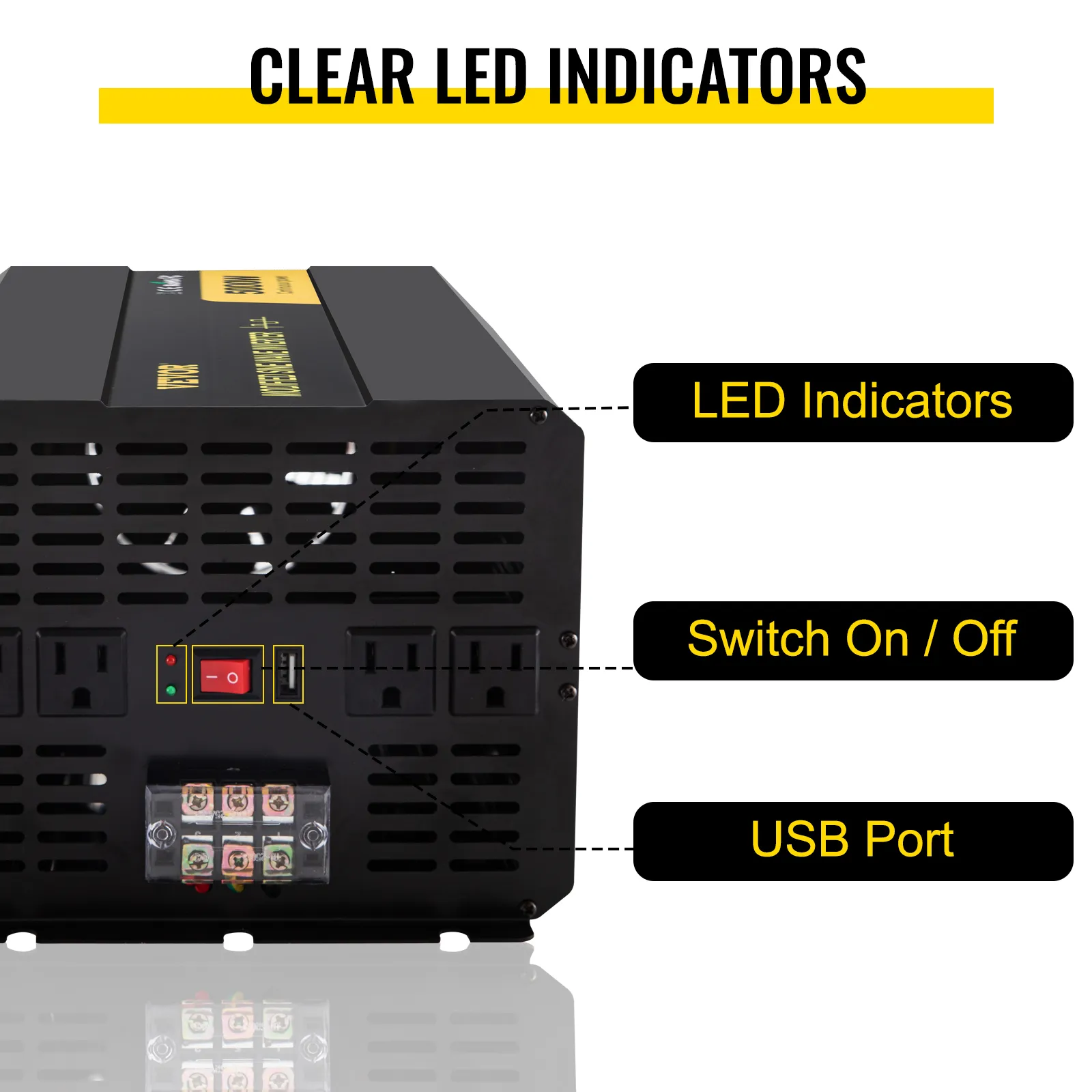 VEVOR power inverter with clear led indicators, switch on/off, and usb port.