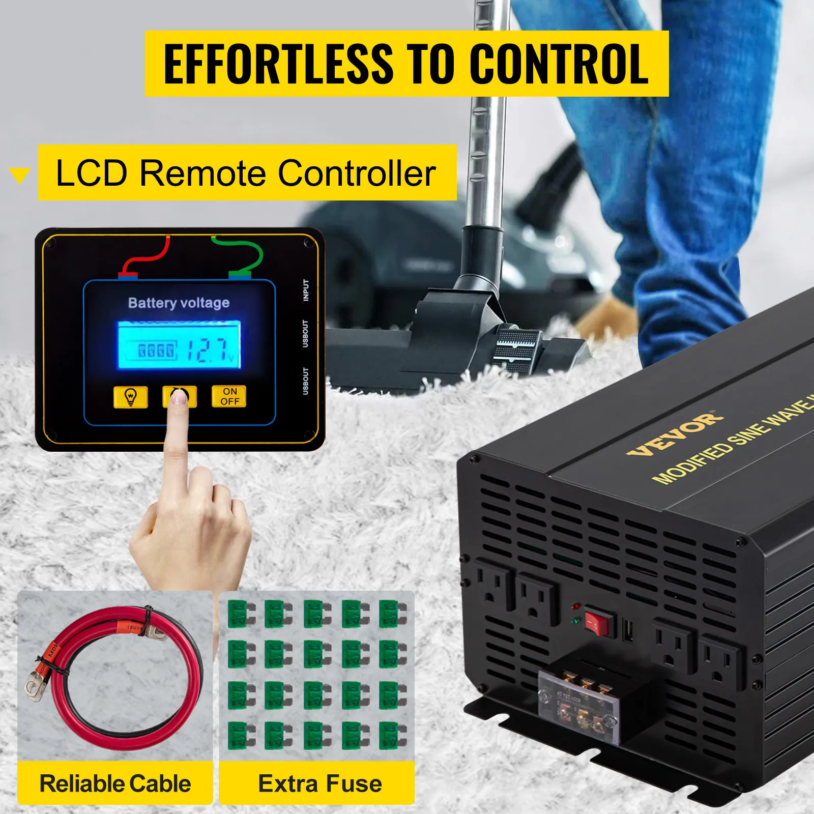 VEVOR power inverter with lcd remote controller, reliable cable, and extra fuse set.