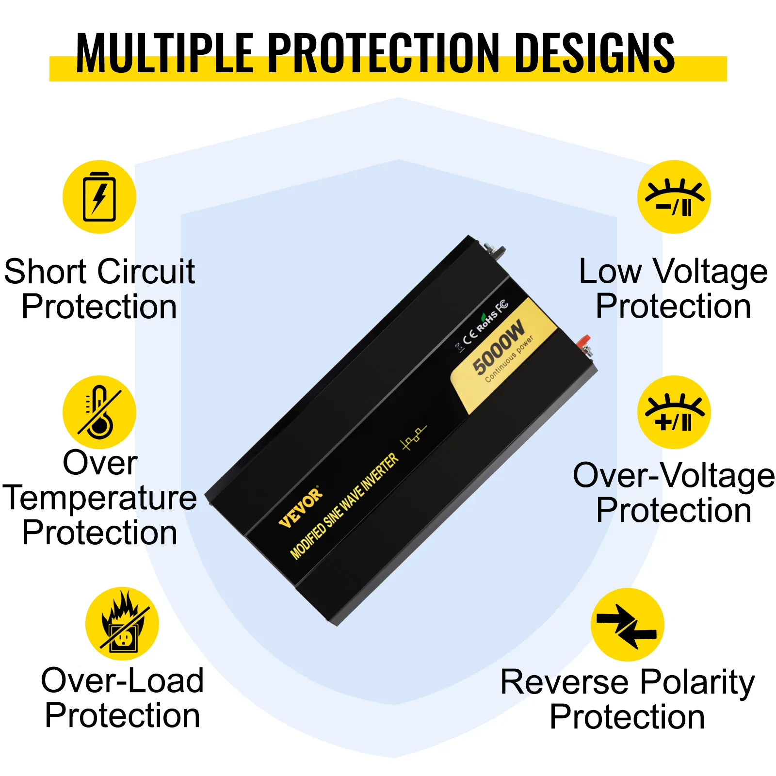 VEVOR power inverter with multiple protection designs for safety and efficiency.